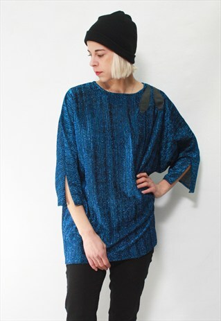 VINTAGE 90' AMAZING BLUE SHINY TUNIC WITH 3/4 SLEEVES