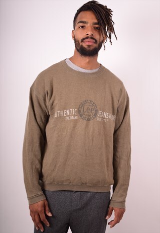 LEE MENS VINTAGE SWEATSHIRT JUMPER LARGE KHAKI 90S