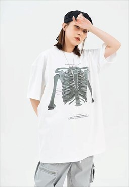 Skeleton bones print t-shirt anatomy tee Gothic top in white