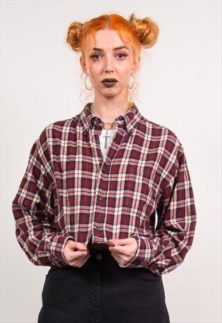 VINTAGE 90'S BURGUNDY CHECKED CROPPED FLANNEL SHIRT