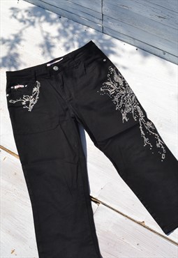 Deadstock black silver embroidered strassy 3/4 bootcut jeans