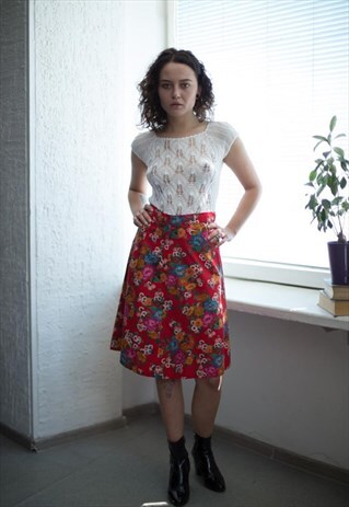 VINTAGE 80'S MIDI RED FLOWER PRINT COTTON SKIRT