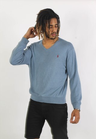 VINTAGE POLO RALPH LAUREN V NECK JUMPER BLUE