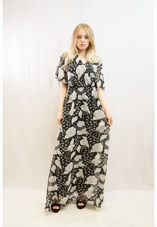 ROSE PRINT WRAP CHIFFON MAXI DRESS
