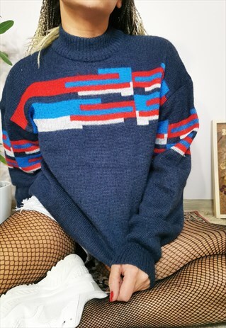 VINTAGE 90'S GEOMETRIC PRINT KNITTED BLUE OVERSIZE SWEATER