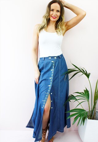 VINTAGE 80'S BLUE DENIM EMBROIDERED A LINE MAXI SKIRT
