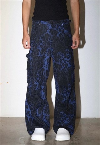 Blue leopard jeans combat trousers animal print denim pants