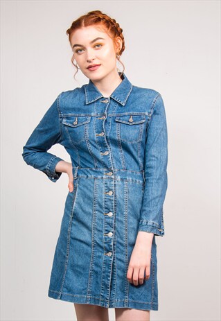 90'S VINTAGE LONG SLEEVE DENIM BUTTON FRONT DRESS