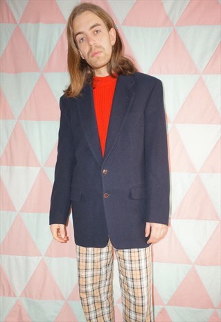 VINTAGE 80S NAVY BLUE WOOL SUIT / BLAZER JACKET