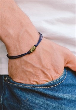 Bronze bead charm bracelet for men blue cord gift for him