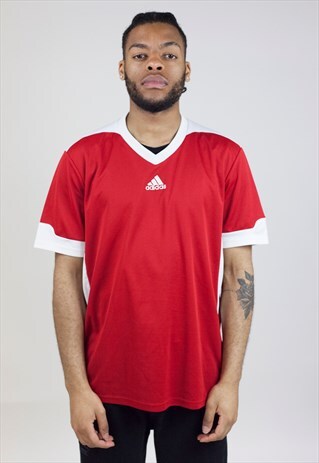 VINTAGE 90'S ADIDAS RED V-NECK JERSEY T-SHIRT