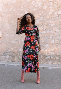 GABRIELA Black Floral Print Summer Wrap Dress