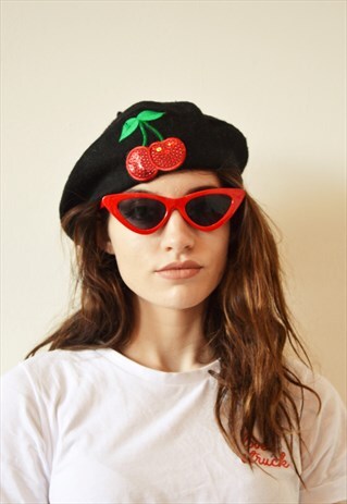 BLACK SEQUIN CHERRY BERET