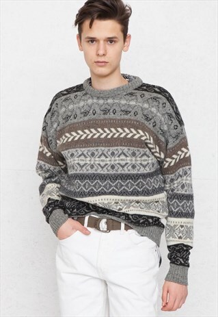 VINTAGE GREY BROWN BURTON EVOLIUTION KNIT JUMPER SWEATER