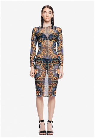 PRINTED MESH SHEER BODY CON DRESS