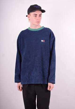 TOMMY HILFIGER MENS VINTAGE FLEECE JUMPER LARGE BLUE 90'S
