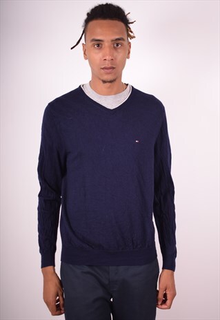 TOMMY HILFIGER MENS VINTAGE JUMPER SWEATER LARGE NAVY 90S