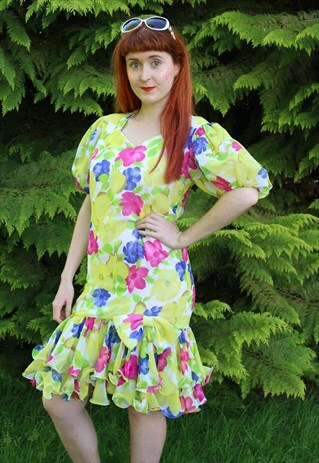 VINTAGE 80S YELLOW PINK BLUE FLORAL PARTY DRESS WITH RUFFLES