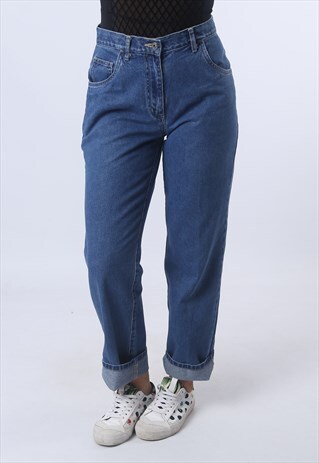 HIGH WAISTED DENIM JEANS TAPERED LEG VINTAGE UK 10 (A95A)