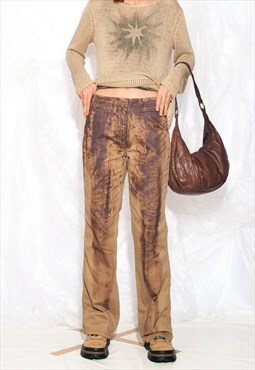 Vintage Y2K Trousers in Brown Hand Painted Reworked