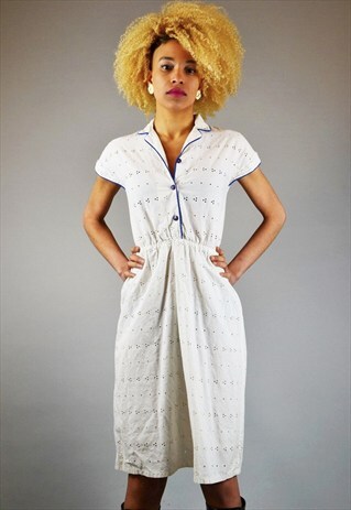 VINTAGE 80S WHITE EMBROIDERED EYELET COTTON SHIRT DRESS