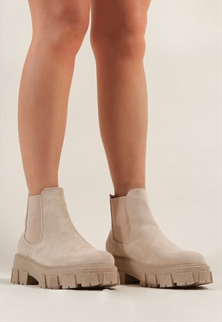 Faux Suede Chunky Heel Boots in Beige