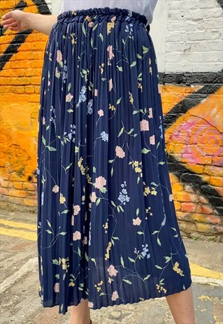 VINTAGE 70S SKIRT PLEATED IN DARK BLUE WITH FLOWER PATTERN