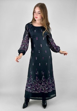 70's Vintage Black Purple Embroidery Long Sleeve Maxi Dress