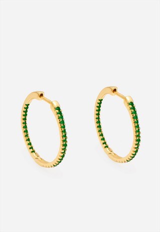 THIN HOOP EARRINGS WITH EMERALD GREEN STONES