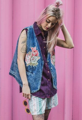 VINTAGE BLUE JACKET VEST (FLOWER PRINT, STONES & RIVETS)