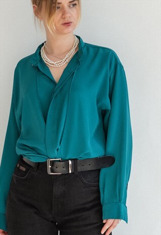 VINTAGE 80S ELECTRIC GREEN BLOUSE WITH PRIEST NECK