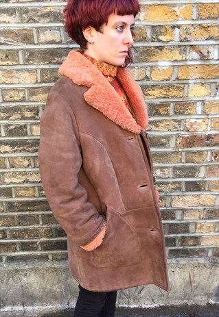 UNISEX ORANGE AND BROWN VINTAGE SHEEPSKIN COAT