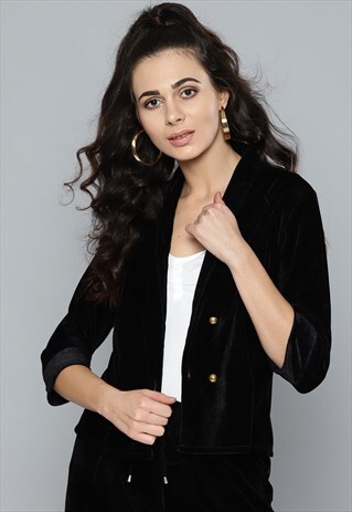 VELVET BLAZER WITH SMALL SLEEVES GOLDEN BUTTONS IN BLACK