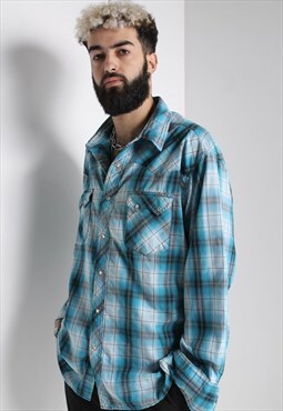 Vintage Wrangler Check Flannel Western Shirt Blue