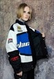 RACER JACKET MULTI PATCH PADDED MOTORCYCLE BOMBER IN BLUE