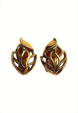 Christian Dior Earrings Gold Leaf Metal Vintage Clip on 