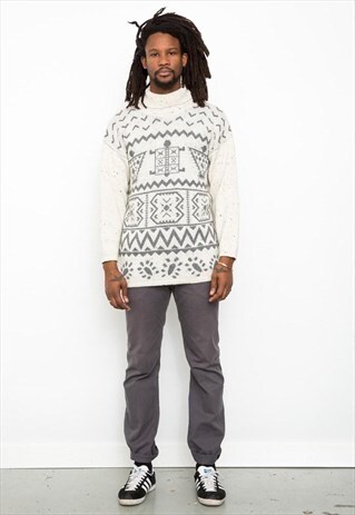 VINTAGE 80'S ARAN KNIT CREAM ROLL NECK JUMPER
