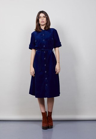 VINTAGE 70'S MIDNIGHT BLUE CORDUROY SHIRT DRESS