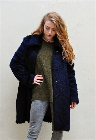 VINTAGE 90S NAVY FAUX FUR COAT