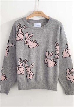 Soft Knit Long Sleeve Jumper with Pretty Rabbit Print in Gre
