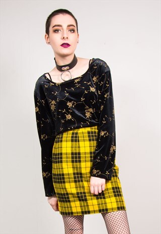 VINTAGE 90'S BLACK VELVET FLORAL PATTERN LONG SLEEVE TOP