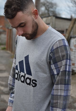 90'S GRUNGE ADIDAS REWORK T WITH VINTAGE CHECK SHIRT SLEEVES