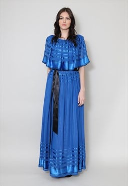 70's Ladies Grecian Caped EM Augustat Blue Maxi Dress 