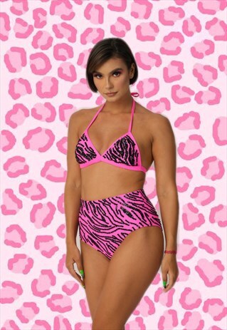 TOKOFOXX SEQUIN FESTIVAL BIKINI NEON PINK TIGER PRINT