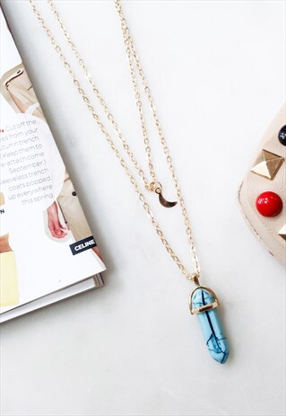 GOLD MOON TURQUOISE QUARTZ STONE GEM MULTI LAYER NECKLACE
