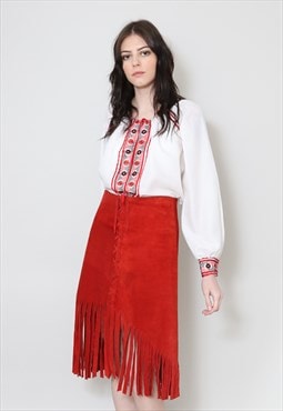 70's Vintage Ladies Red Suede Fringed Midi Skirt 