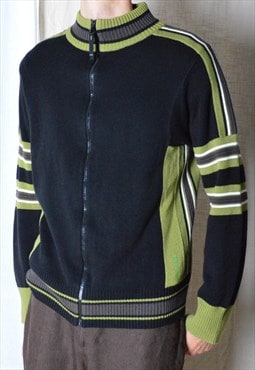 Y2K Black Green Striped Racing Style Zipper Cardigan