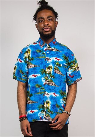 VINTAGE 90'S BLUE FLORAL HAWAIIAN SHORT SLEEVE SHIRT