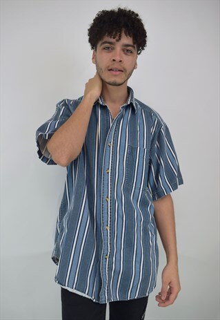 VINTAGE 90'S BLUE & WHITE STRIPED SHORT SLEEVE SHIRT