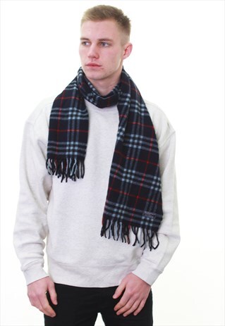 VINTAGE BURBERRY NAVY CHECK LAMBSWOOL SCARF